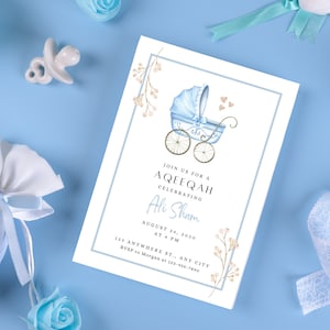 Invitaciones editables de Aqeeqah islámico Descarga digital Anuncio de nacimiento Invitación imprimible Aqeeqah Blu Colores Evite Invitación azul Aqiqah