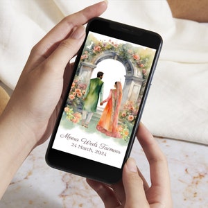 May include: A digital wedding invitation on a smartphone screen. The invitation features a watercolor illustration of a couple walking under a floral archway. The text reads "Meera Weds Taimoor 24 March, 2024".