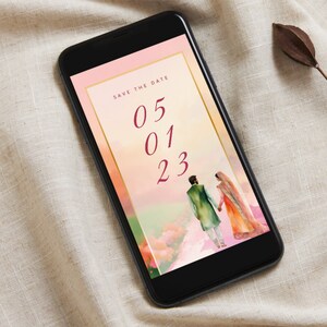 May include: A digital save the date card with a watercolor background and a couple in traditional Indian clothing. The date is 05 01 23.