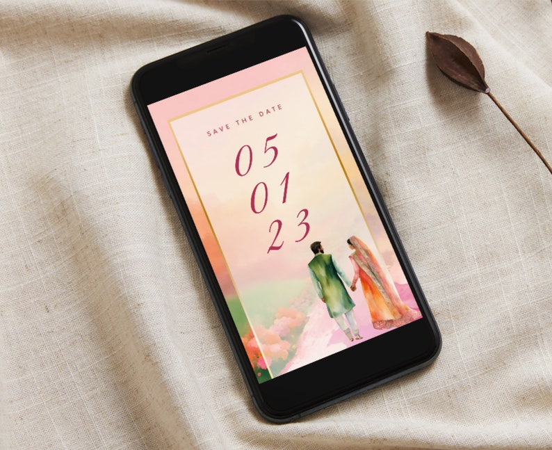 May include: A digital save the date card with a watercolor background and a couple in traditional Indian clothing. The date is 05 01 23.