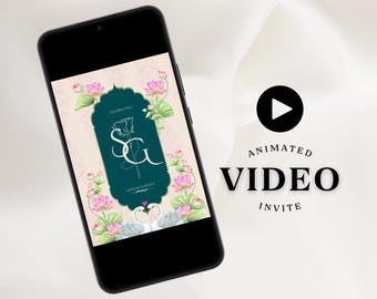 May include: A smartphone screen displaying an animated wedding invitation with a floral design and the text "Celebrating Sana & Gurpreet".