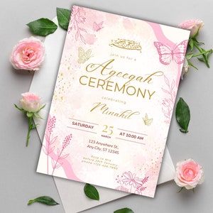 Faire-part d'Aqiqah modifiable pour bébé fille en téléchargement numérique Cérémonie d'Aqiqah papillon floral rose personnalisé faire-part de naissance musulman