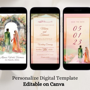 May include: Three digital wedding invitation templates with watercolor backgrounds. The first template features a couple standing under an archway with flowers. The second template has a floral background with the text "Meera and Taimoor" and the date "Sunday 25 2023". The third template has a sunset background with the text "Save the Date" and the date "05 01 23".