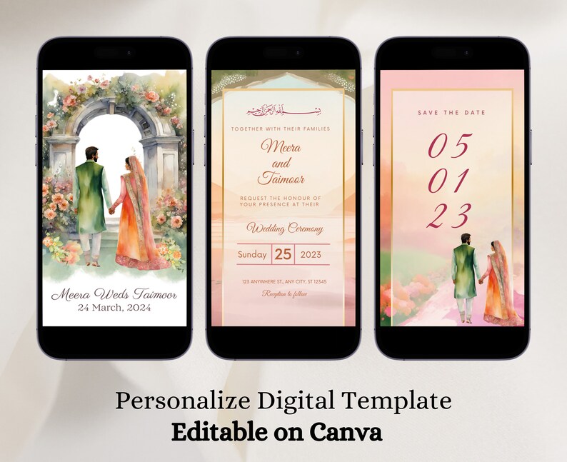 May include: Three digital wedding invitation templates with watercolor backgrounds. The first template features a couple standing under an archway with flowers. The second template has a floral background with the text "Meera and Taimoor" and the date "Sunday 25 2023". The third template has a sunset background with the text "Save the Date" and the date "05 01 23".