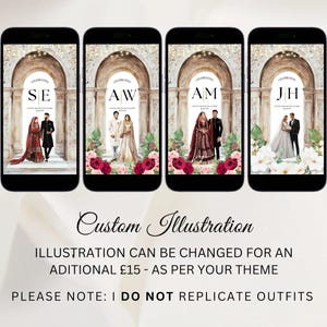 May include: Four digital illustrations of couples standing under an archway. Each illustration features a different couple's names: SE, AW, AM, and JH. The illustrations are in a watercolor style with a light brown background and floral accents.
