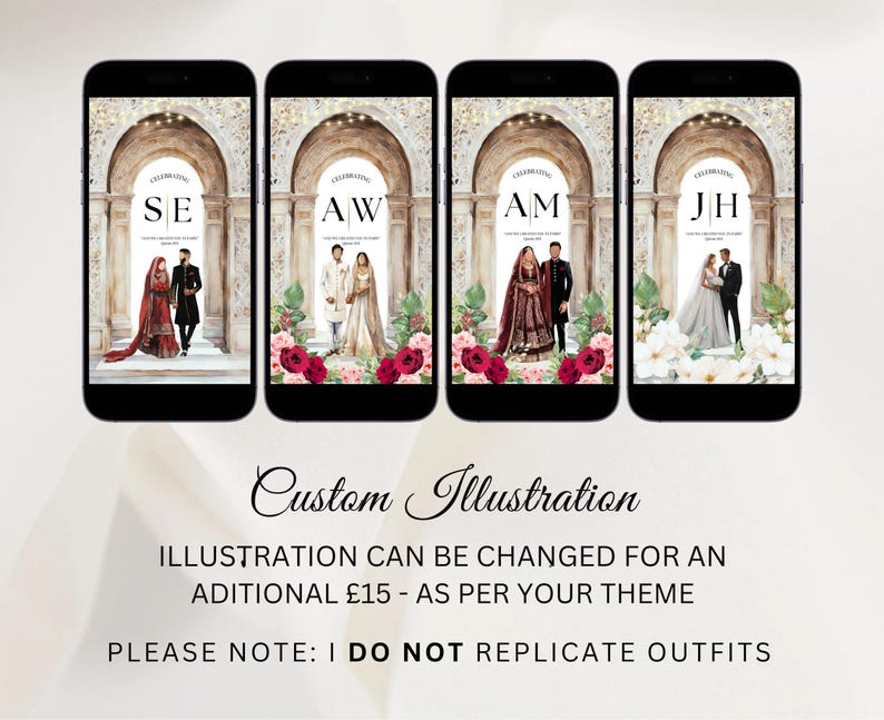 May include: Four digital illustrations of couples standing under an archway. Each illustration features a different couple's names: SE, AW, AM, and JH. The illustrations are in a watercolor style with a light brown background and floral accents.