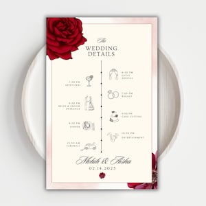 May include: A wedding timeline with red roses and a watercolor background. The timeline includes the following events: 4:30 PM Guest Arrival, 7:30 PM Appetizers, 8:00 PM Bride & Groom Entrance, 7:45 PM Baraat, 9:00 PM Cake Cutting, 9:50 PM Dinner, 10:30 PM Entertainment, 12:30 AM Farewell. The text at the bottom reads "Mohib & Aisha 02.14.2025".