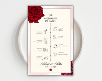 Rose Muslim Wedding Timeline Simple Muslim Wedding Detail Card Red Maroon Floral Nikkah Program Wedding Order Of The Day Wedding Itinerary