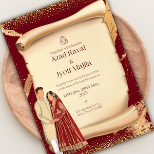 Convite de casamento hindu elegante Desenho de casal Convite de casamento hindu Convite de casamento indiano Cartão de recepção Convite Shaadi Cartão de casamento