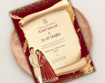 Elegant Hindu Wedding Invitation Couple Drawing Hindu Wedding Invite Indian Wedding Invitation Reception Card Shaadi Invitation Wedding Card