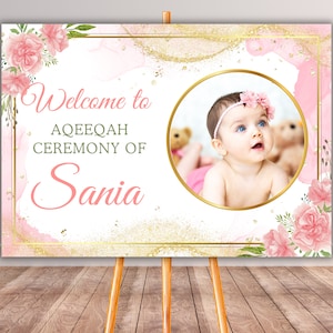 Pink Personalised Aqeeqah Sign With Baby Photo Pink Aqiqah Welcome Board Baby Girl Aqiqah Decor Pink Girl Aqiqah Welcome Sign