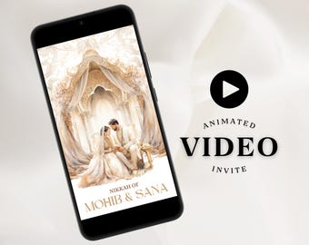 Digital Nikkah Invitation Card With Couple Illustration Video Muslim Wedding Invitation Digital White Cream Video Islamic Wedding Invitation