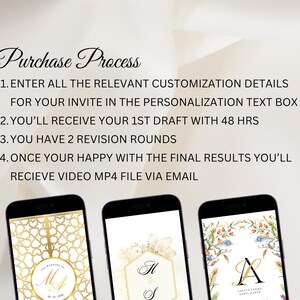 May include: Three phone screens displaying different wedding invitation designs. The first design features a gold geometric pattern with the initials "M & S" in the center. The second design features a white floral pattern with the initials "H & S" in the center. The third design features a colorful floral pattern with the initial "A" in the center. The text on the screen reads "Purchase Process" and outlines the steps for ordering a custom wedding invitation video.