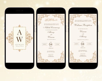 May include: Three gold and white wedding invitation cards with ornate floral designs. The first card says "A W Save the Date". The second card says "Nikkah Ceremony" and the third card says "Walima Reception".