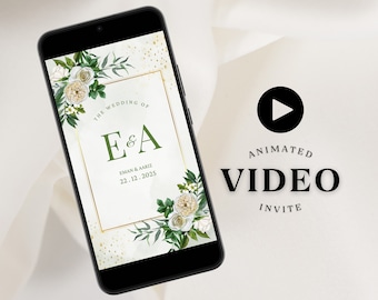 May include: A smartphone screen displaying a wedding invitation with a floral design and the text "The Wedding of E&A EMAN & AARIZ 22.12.2025". A play button icon is visible on the right side of the image with the text "Animated Video Invite".