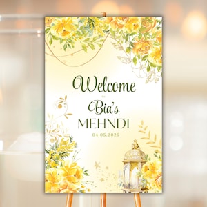 Letrero de bienvenida con mehendi, letrero de bienvenida con mehndi floral amarillo y verde, letrero de mehndi personalizado, letrero dholki, letrero floral, letrero de sangeet para bodas indias