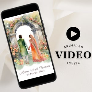 May include: A digital wedding invitation video featuring a watercolor illustration of a couple standing under a floral archway. The text reads "Meera Weds Taimoor 24 March, 2024".