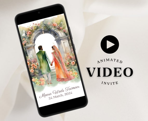 Muslim Wedding Invitation Digital Video Custom Animated Nikah Invite Electronic SMS Personalized Walima Smartphone Evite Pink Blush Green