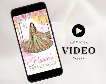May include: Animated video invitation for a Mehndi night. The invitation features a woman in a green and pink dress sitting on a swing decorated with flowers. The text "Hania's Mehndi Night" is written in a decorative font.