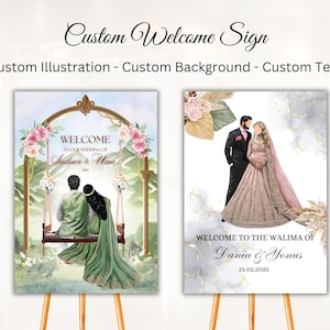 Placa de boas-vindas de casamento personalizada digital Placa de casamento personalizada com ilustração e texto personalizados Placa Nikkah para impressão Placa de boas-vindas Mehendi