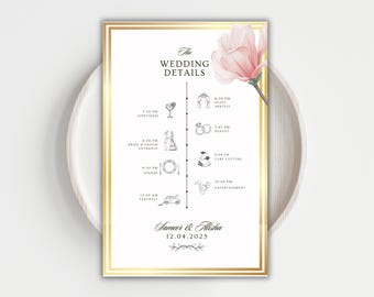 Elegant Muslim Wedding Timeline Muslim Wedding Detail Card Gold Pink Floral Nikkah Program Wedding Nikkah Timeline Wedding Itinerary