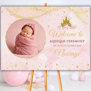 Aqiqah Schild mit Babyfoto Rosa Aqiqah Willkommenstafel Baby Mädchen Aqiqah Dekor Rosa Mädchen personalisierte Aqeeqah Einladung Digital Download