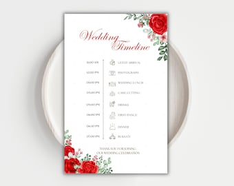 Floral Red Muslim Wedding Timeline Simple Muslim Wedding Detail Card Red Floral Nikkah Program Wedding Order Of The Day Wedding Itinerary