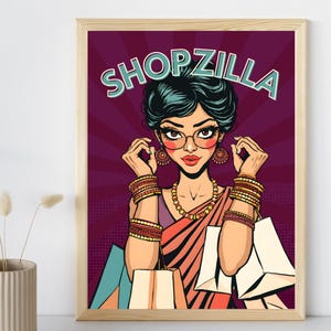 May include: A woman in a pink and purple sari with a blue and green headband and large round earrings is holding shopping bags. The text "SHOPZILLA" is in the background.