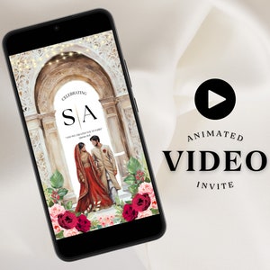 Personlig muslimsk bröllopsinbjudan, digital video, Nikkah-inbjudan, illustration, rödbeige, pakistansk, indisk parteckning, bröllopsinbjudan