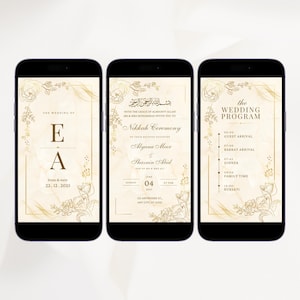 Modèle de faire-part de mariage musulman numérique élégant d'invitation de Nikkah carte de mariage musulman blanc d'or, invitation de réception modifiable