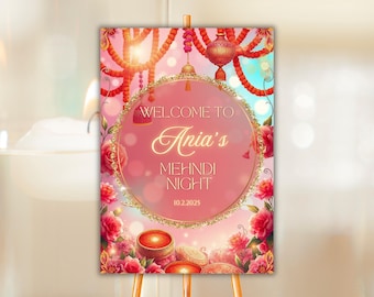 Pink Mehendi Sign for Bride Mehndi Ki Raat Sign for Henna Party Groom Mehndi Board Pink Mendhi Night Wedding Sign Custom Floral Welcome Sign