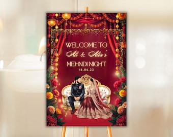 Nikkah Welcome Sign Couple Drawing Walimah Sign Wedding Baraat Welcome Sign Pakistani Wedding Sign Muslim Wedding Sign Indian Wedding Sign