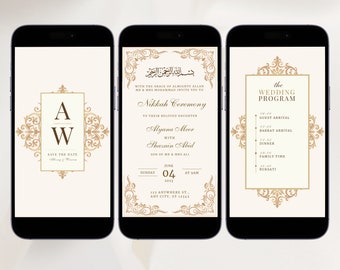 May include: A gold and white wedding invitation with an ornate design. The invitation includes the names Alyana Meer and Shazain Abid, the date 4th June 2023, and the time 9 AM. The invitation also includes a wedding programme with a list of events, including guest arrival, barrat arrival, dinner, family time, and ruksati.