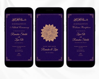 Editable Islamic Nikkah Invitation Template Blue Gold Digital Wedding Invitation Electronic Wedding Invitation Walima Invitation for Phone