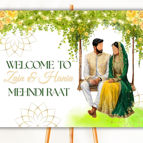 Signo de bienvenida de Mehndi para la novia y el novio Signo de ilustración de Mendhi personalizado Signo de Mehndi personalizado Signo de Dholki Signo de bienvenida de Haldi Signo de Dhula Dhulan