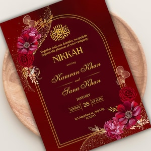 Modèle de carte de mariage musulman bordeaux Invitation Nikkah Modèle de faire-part de mariage imprimable numérique Invitation musulmane bordeaux or carte modifiable