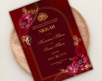 Plantilla de tarjeta de boda musulmana en color granate Invitación Nikkah Plantilla de invitación de boda imprimible digitalmente Tarjeta de invitación musulmana en color granate dorado editable
