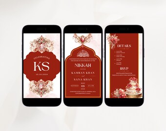 Invitación Nikkah roja Plantilla de invitación digital para boda musulmana Tarjeta de boda musulmana roja dorada Invitación Nikkah para boda islámica Evite Walima
