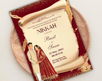 Muslim Wedding Invitation With Couple Drawing Islamic Wedding Card Nikkah Invitation Nikah Invite Editable Arab Invitation Walima Card