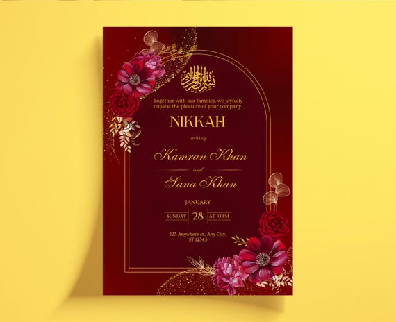 Maroon Muslim Wedding Card Template Nikkah Invitation Digital