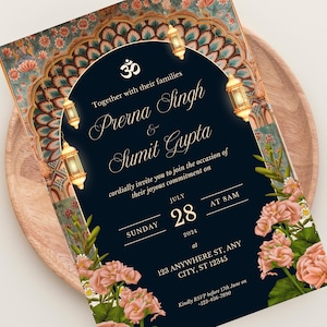 Convite de casamento hindu Convite de casamento hindu Convite de casamento indiano Mughal vintage Cartão de recepção Convite Shaadi Cartão de casamento