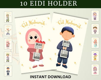May include: Ten printable Eid Mubarak cards featuring cartoon illustrations of children holding money. The cards are decorated with gold stars and the text "Eid Mubarak".