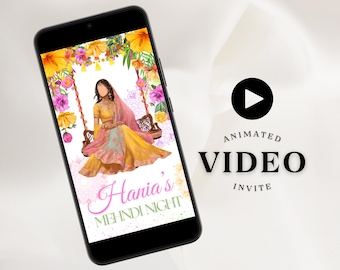 Könnte beinhalten: Eine digitale Videoeinladung zu einer Mehndi-Nacht-Feier. Die Einladung zeigt eine Frau in einem farbenfrohen indischen Outfit, die auf einer mit Blumen geschmückten Schaukel sitzt. Der Text "Hania's Mehndi Night" ist auf der Einladung zu sehen.