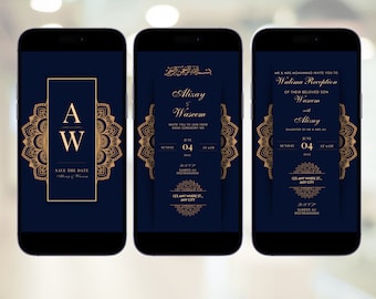 May include: A blue and gold wedding invitation with a mandala design. The invitation includes the names Alizay and Waseem, the date June 4, 2023, and the time 8 AM. The invitation also includes the address 123 Anywhere St., Any City.