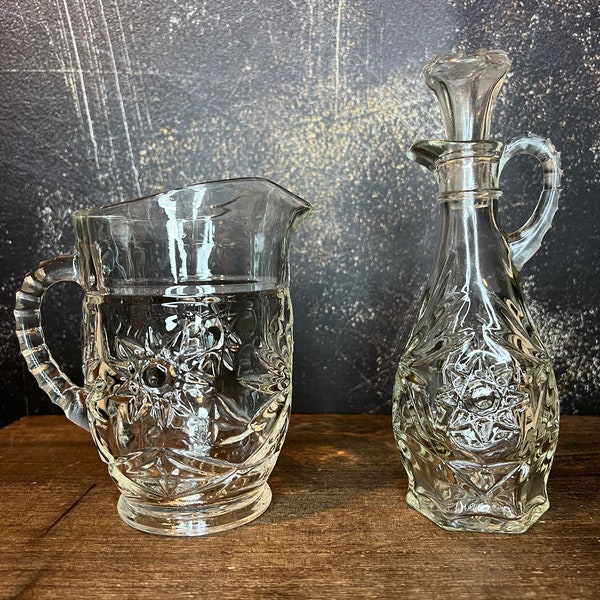 Vintage Pair of Mid Century Anchor Hocking Starburst Mini Pitcher and Cruet Set