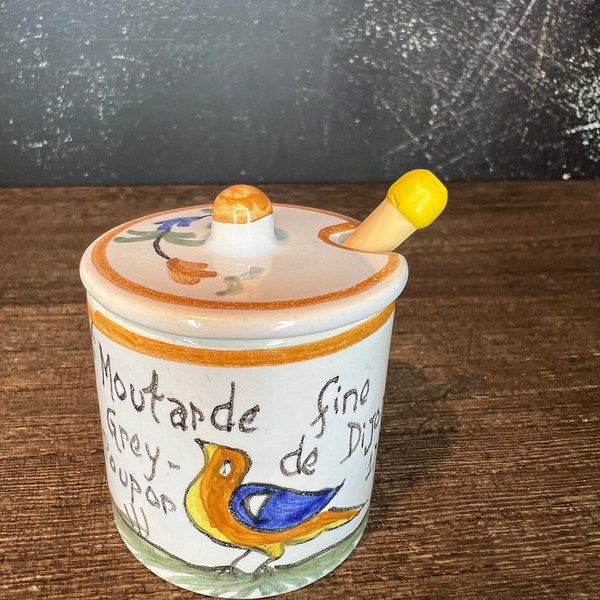 Vintage Hand Painted Mustard Jar with Lid and Spoon Made in France
