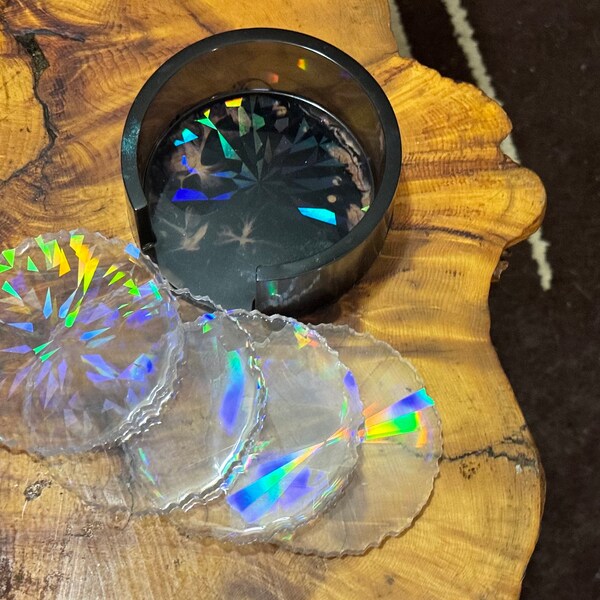 4 Holographic Decorative Suncatcher Coasters in Holder. Gift Set of Four Geode Shaped 3.5 inch Disks for Home Decor Resin Art Handmade Prism