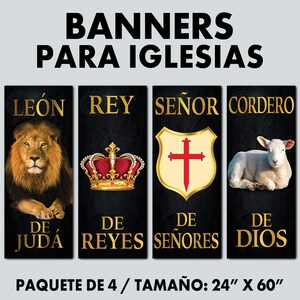 May include: Set of four 24" x 60" banners for churches. The banners feature images of a lion, a king, a lord, and a lamb. The banners are black with gold lettering and images.
