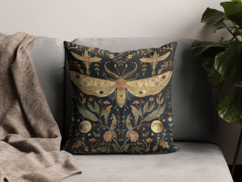 William Morris Print Moth Floral Pillow Cover, Vintage Geïnspireerde Decoratieve Kussenhoes, Natuur Kunst Woonaccessoires afbeelding 5