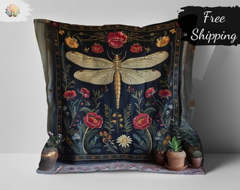 Vintage William Morris Print Pillow, Dragonfly and Floral Design, Decorative Throw Pillow for Sofa, Luxurious Velvet Texture, Home Decor